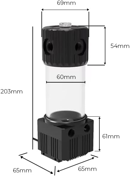 Dracaena.io High Flow 780L/H PC Water Pump Reservoir Combo, 12V 18W Brushless Microprocessor Pump, 5–6m Head, G1/4” Thread, Acrylic+POM Tank 100/200/400/600ml, 4-Pin Connector, Black (Black, 200ml)