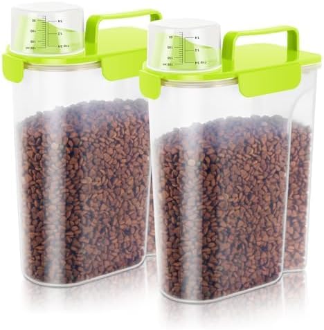 5 LBS/6Qt Pet Storage Container Portable with Upgraded Large Spout and Cup, Plastic Dog Cat Food Dispenser for Small Animal Kibble, Bird Seed, Oatmeal, Rice, Flour, Brown Sugart-2 Pack Sunshine Green
