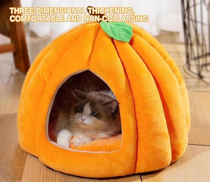 Cat Beds for Indoor Cats, Cute Pumpkin Shape Cat Tent with Removable Cushion Warm Cave Nest Bed Puppy House, Cat Small Dog (Dark Gray)