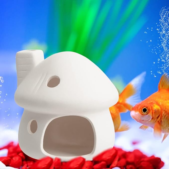 ZYHW Aquarium Decor Ceramic Mushroom House Ornament Fish Tank Landscape Decoration Pottery Hide Cave Habitat Hut Small Shrimp for Goldfishes to Rest Breed Hiding (White)