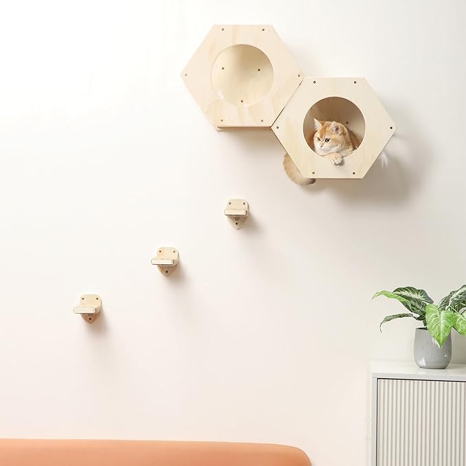 3-in-1 Cat Climbing Wall Steps with Hemp Rope, Shelves and Perches, Scratching Pads for Cats Playing and Climbing (Wood)