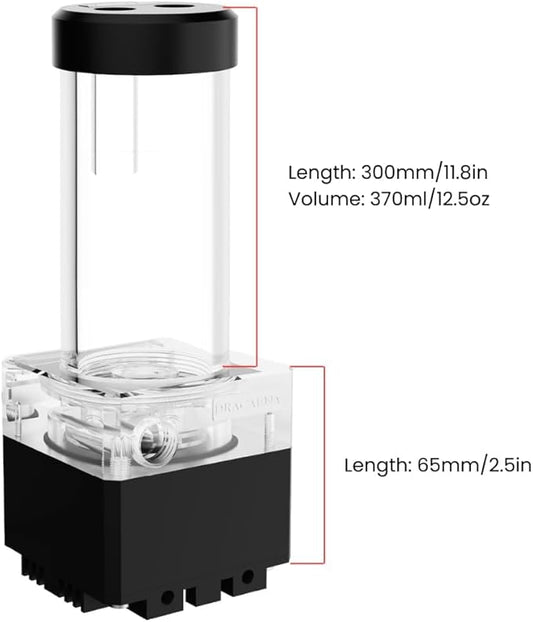 dracaena.io High Flow 650L/H PC Water Pump Combo with Colorful LED and 370ml 300mm (11.8in) Reservoir – 12W, 0.7A, 65mm x 65mm x 365mm (2.6 x 2.6 x 14.4in), Black