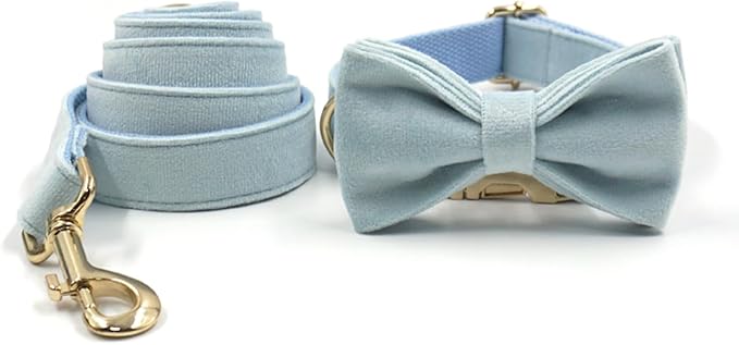 Personalized Velvet Dog Collars with Pet Name Phone Number Engraved, Custom Adjustable Soft Collar with Metal Buckle for Small Medium Large Dogs, Dog Leash and Bow Tie Available -Sky Blue