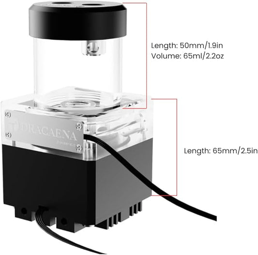 dracaena.io High Flow 650L/H PC Water Pump Combo with Colorful LED and 65ml 50mm (1.9in) Reservoir – 12W, 0.7A, 65mm x 65mm x 115mm (2.6 x 2.6 x 4.5in), Black