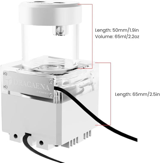 dracaena.io High Flow 650L/H PC Water Pump Combo with Colorful LED and 65ml 50mm (1.9in) Reservoir – 12W, 0.7A, 65mm x 65mm x 115mm (2.6 x 2.6 x 4.5in), White