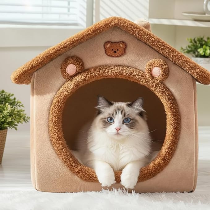 Cat Bed for Indoor Cats, Cozy Cave Bed Cat House Cats Tent with Removable Cushion Pillow, Soft Warm Pet House, Cute Bear Pet Nest for Kitten Small Dogs (Brown, 15.7 * 13.8 * 15 in)