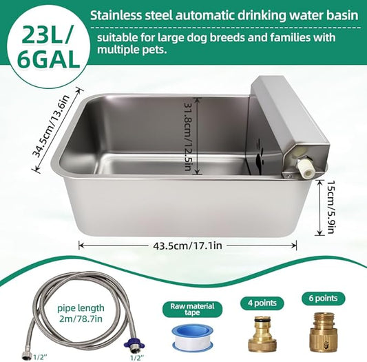 Automatic Dog Water Dispenser 23L/6Gal Capacity Large Water Bowl Auto Filling Water Fountain Stainless Steel for Large Pet Dog Chicken
