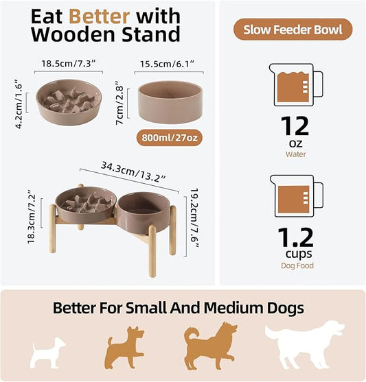 Havniva Ceramic 1.2 Cup Raised Slow Feeder Dog Bowl Set, Elevated 6.1inch Bowl and 7.3inch Slow Pet Food Dish with Wooden Stand for Small and Medium Dog (2 x Brown Coffee+ Stand)