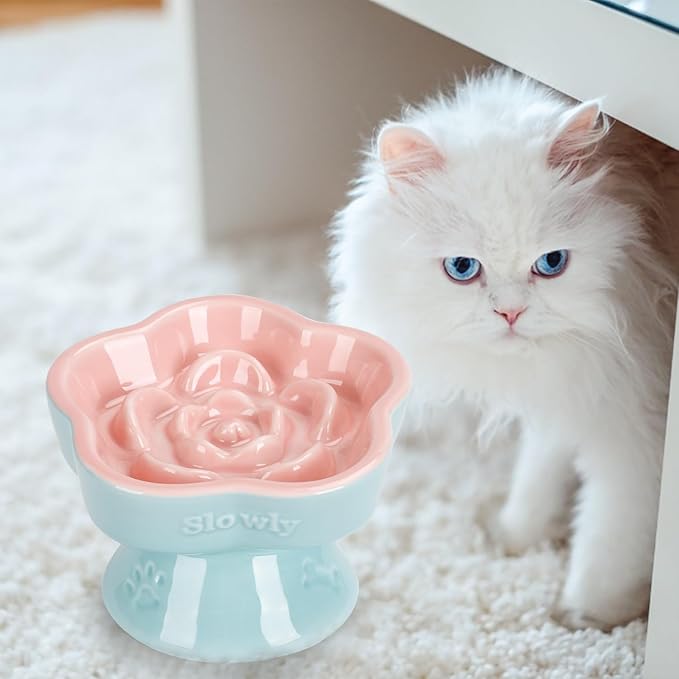 S&Q's CERAMICS Raised Slow Feeder Cat Bowl, Ceramic Elevated and Titled Glass Food Bowl Small Dogs Slow Feeder, Flower Shaped Cute Cat Dish for Dry and Wet Food (Pink, 5.8")