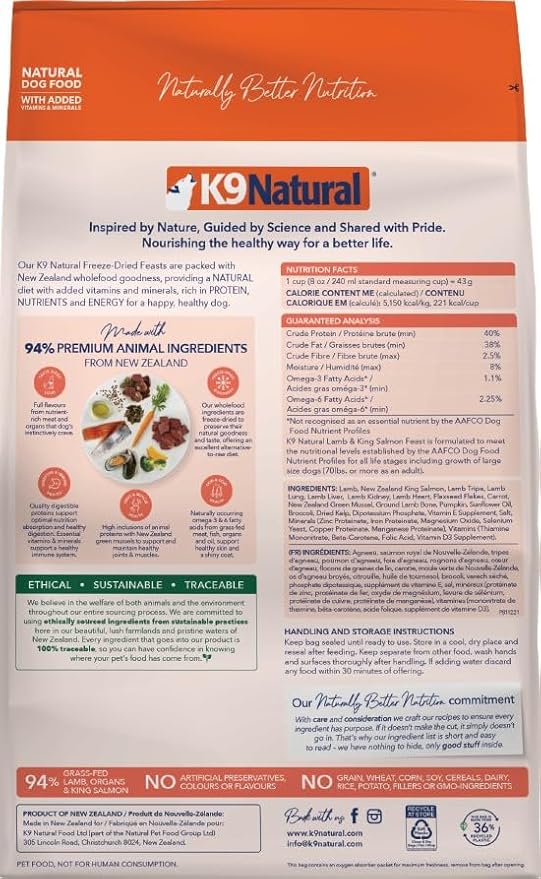 K9 Natural Freeze-Dried Dog Food Lamb & King Salmon Feast 8lb