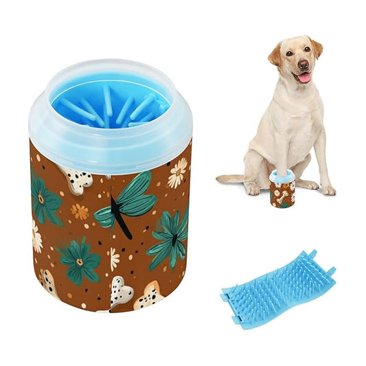 Dog Paw Cleaner Cups for Dogs Pet Foot Washer Paw Scrubber for Medium Small Dogs Cats Cleaning Cup Brown Daisy Dog Bones and Dragonflies