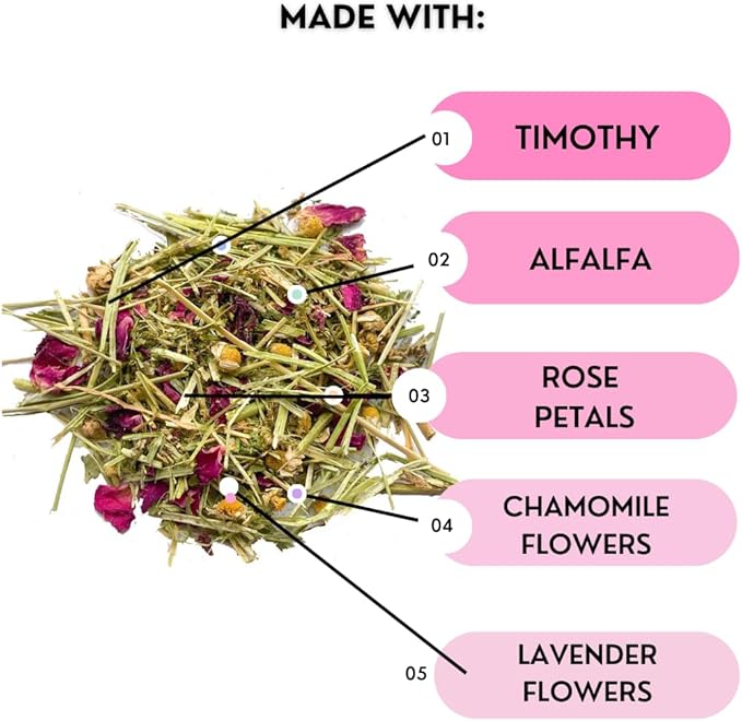 Pampered Chicken Mama Herbal Calming Forage (2 Ounces): Premium Rabbit Food, Hay for Guinea Pigs Food, Chinchilla Food, Hamster Treat Made with Timothy Hay & Dried Edible Herbs (2 Ounces)