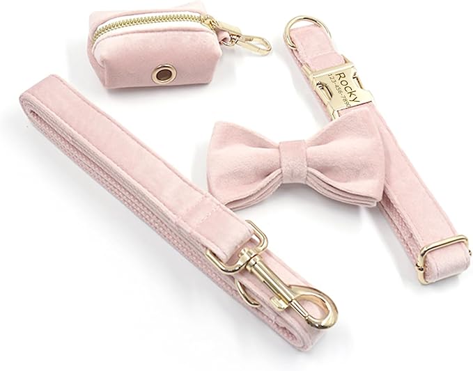 Personalized Velvet Dog Collars with Pet Name Phone Number Engraved, Custom Adjustable Soft Collar with Metal Buckle for Small Medium Large Dogs, Dog Leash and Bow Tie Available -Pink