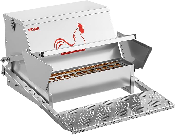 VEVOR Automatic Chicken Feeder, 25 lbs Upgraded Rainproof Treadle Poultry Feeder with Lockable Lid, No Waste, Galvanized Steel Construction, Outdoor Use, for Chicken, Bantams, Poultry, Pheasants