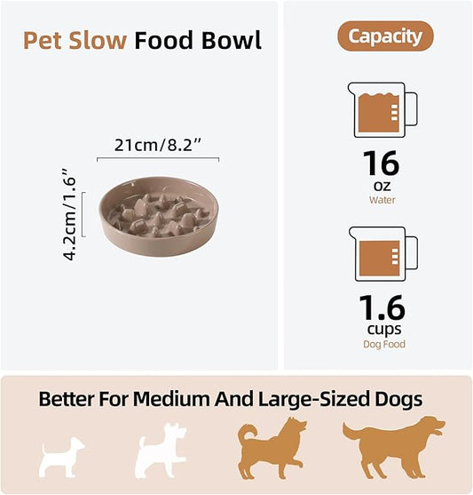 Ceramic 1.6 Cup Dog Bowl Slow Feeder, 8.2 inch Slow Pet Food Dish for Medium and Large Dog, Stop Bloat, Preventing Choking(Single Bowl, Brown Coffee)