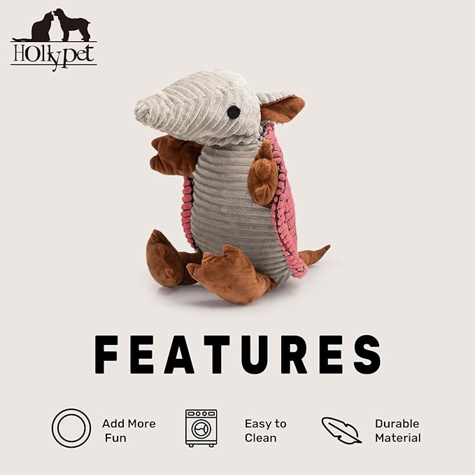 Hollypet Plush Dog Squeaky Toy Stuffed Armadillo Animal Pet Puppy Chew Toys with Clean Teeth for Small Medium Large All Breed Sizes Dogs, Bright Pink, 14 in