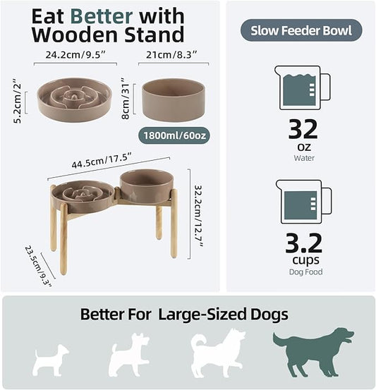 3.2 Cup Ceramic Raised Slow Feeder Dog Bowl Set, Elevated 8.2inch Bowl and 9.5inch Puzzle Slow Food Dish with Wooden Stand for Large Dog, Anti-Gulping (2 x Brown Coffee+ Stand)