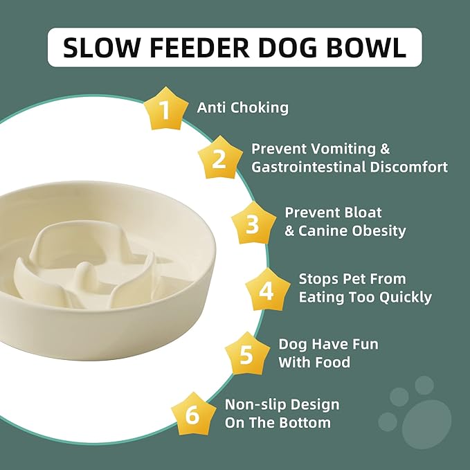Ceramic 0.9 Cup Dog Bowl Slow Feeder for Small Dog, 6.1inch Pet Slow Feeder, Stop Bloat, Preventing Choking(Single Bowl-Beige)