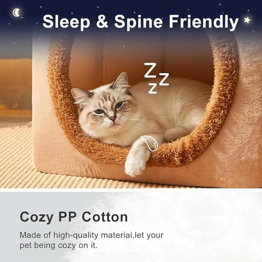 Cat Bed Cave, Cozy House Tent with Removable Cushion & Pillow - Pet Condo for Kittens, Puppies Small Dogs(Brown,13 * 11.8 * 12.6 Inches)