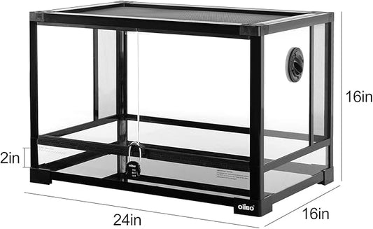 OIIBO Full Vision Glass Reptile Terrarium 27 Gallon, Double Hinge Door with Screen Ventilation Reptile Tank 24"x16"x16" (Knock-Down)