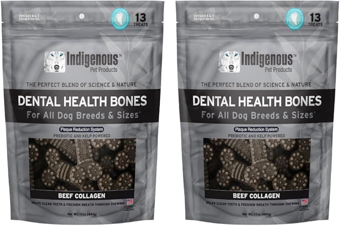 Indigenous Pet Dental Health Bones Regular 2 Pack – Beef Collagen (17 Ounce x 2) | Grain-Free Dog Chews with Prebiotics & Omegas | Freshens Breath, Supports Digestive, Skin & Coat Health |
