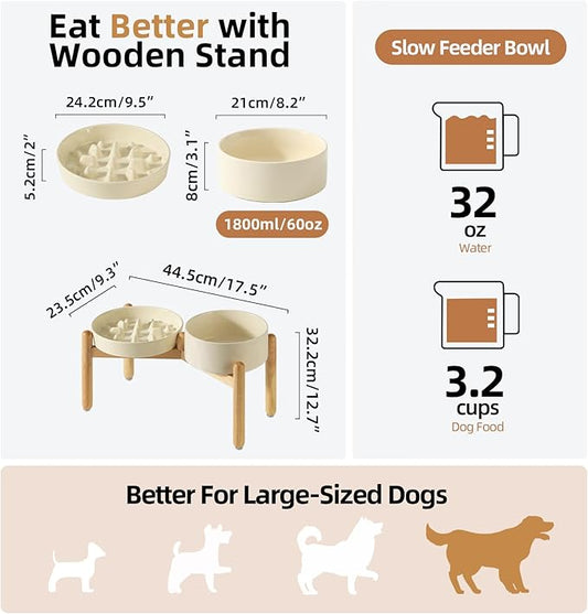 Ceramic 3.2 Cup Raised Slow Feeder Dog Bowl Set, Elevated 8.2inch Bowl and 9.5inch Slow Pet Food Dish with Wooden Stand for Large Dog (2 x Beige+ Stand)