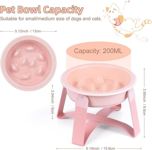 Slow Feeder Cat Bowl, Ceramic Cat Slow Feeder Bowl, Elevated Dog Food Bowl with Metal Stand, Raised Pet Slow Bowls for Dry and Wet Food, 6 Inches, Pink
