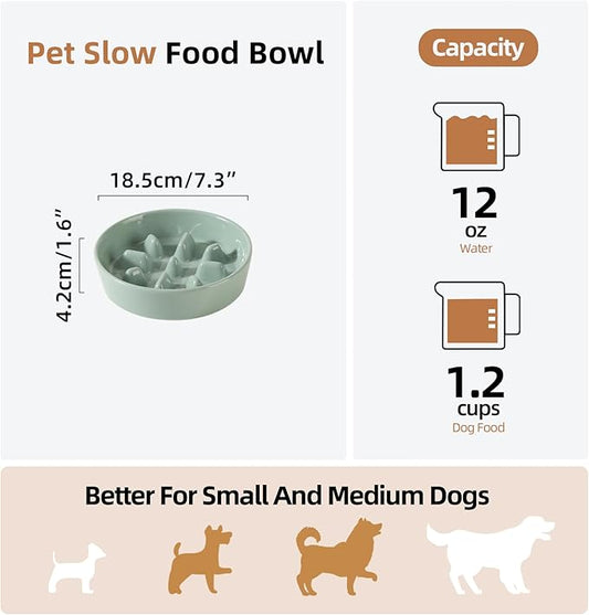 Ceramic 1.2 Cup Dog Bowl Slow Feeder, 7.3 inch Slow Pet Food Dish for Medium and Small Dog, Stop Bloat, Preventing Choking(Single Bowl, Light Green)