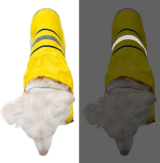 Dog Raincoat Waterproof Reflective Slicker - Lightweight Breathable Hooded Poncho Rain Coat Jacket with Adjustable Belly Strap and Leash Hole for Small Medium Large Dogs (Yellow, X-Small)