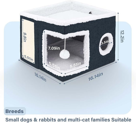 Cat Beds for Indoor Cats,Cat Cave,Cat Scratch House,Foldable Cat Cave Bed for Large and Small Pets,Fluffy Ball and Scratch Pad,16.14x16.14x12.2in,Navy Blue