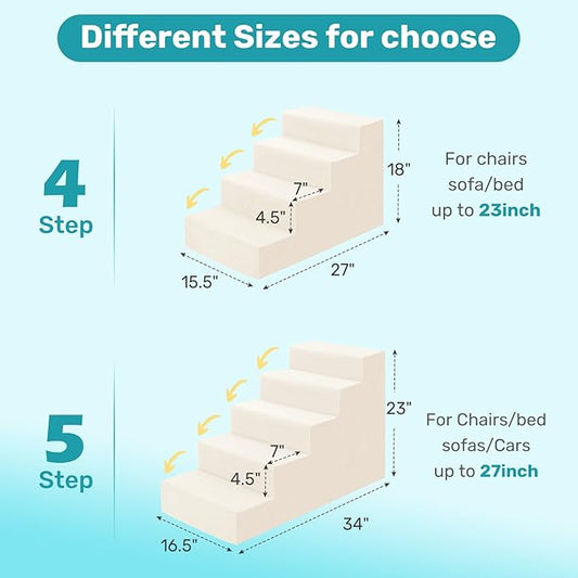 Dog Stairs for Bed, Extra Wide 4-Step Dog Steps for High Bed, High-Density Foam Pet Stairs with Non-Slip Removable Washable Cover for Small Pets, 18" H, Beige