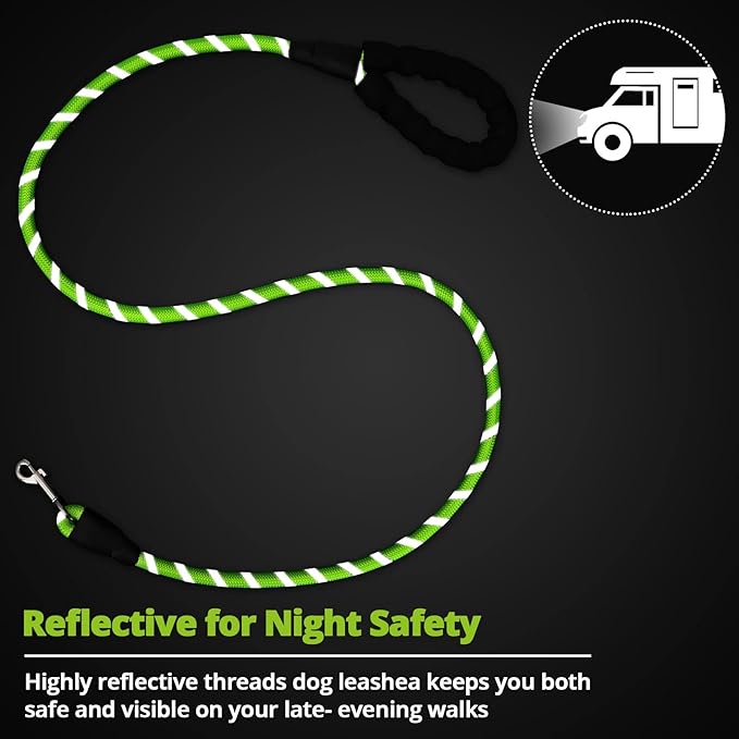 Rope Dog Leash 4 FT: Heavy Duty Leashes with Swivel Lockable Hook Reflective Threads Bungee and Padded Handle - Dog Lead for Large Small Medium Dogs Outside Walking Hiking Green
