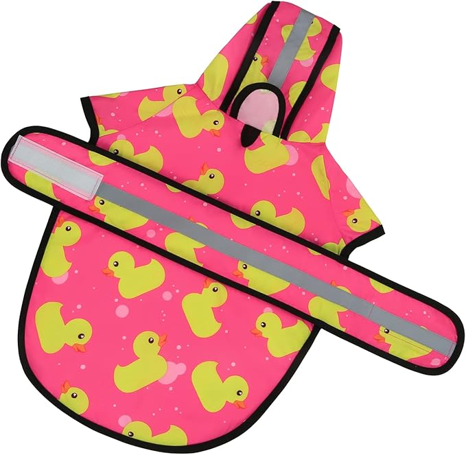 HDE Dog Raincoat Jacket Reflective Adjustable Hooded Pet Poncho Rain Coat with Leash Hole for Small to X-Large Dogs Pink Ducks - L