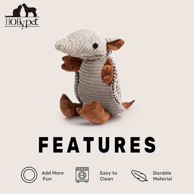 Hollypet Plush Dog Squeaky Toy Stuffed Armadillo Animal Pet Puppy Chew Toys with Clean Teeth for Small Medium Large All Breed Sizes Dogs, Gray Large, 14 in