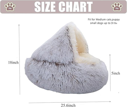 Calming Round Dog Beds &Cat Cave Bed with Hooded Cover,Plush Fluffy Dog Bed Anti-Anxiety Cat Cave Bed,Waterproof Bottom Washable (Coffee, 25.6X 25.6inch)