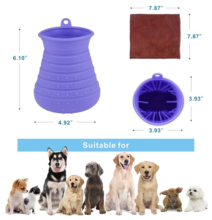 Idepet Dog Paw Cleaner Cup with Towel Pet Foot Washer Protable Dogs Cleaning Brush for Puppy Cats Massage Grooming Dirty Claws (Purple)