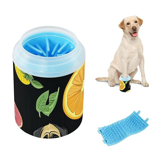 Dog Paw Cleaner Cups for Dogs Pet Foot Washer Paw Scrubber for Medium Small Dogs Cats Cleaning Cup French Bulldog and Fruits Black
