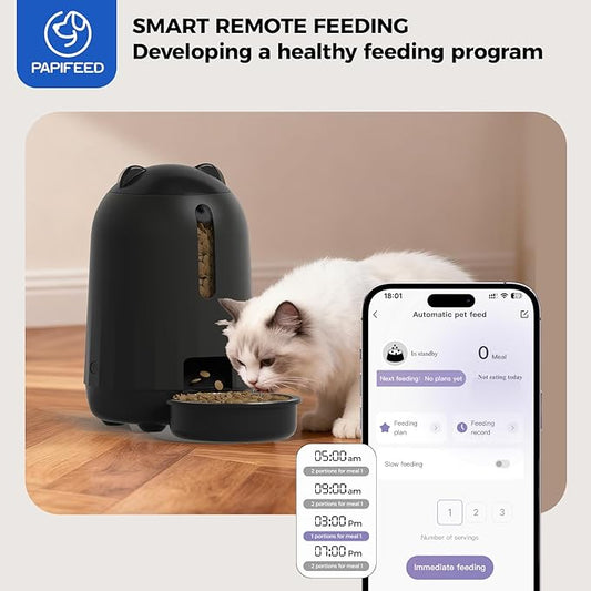 PAPIFEED Automatic Cat Feeder with App Control, 2.4G WiFi Auto Cat Food Dispenser, 3L Cat Feeder Automatic with Dual Power Supply, Easy-Clean Design for Cats & Small Dogs (Black)