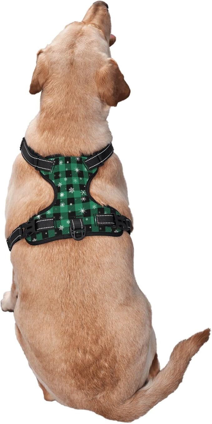 Green Plaid Snowflake Reflective Dog Harness No Pull Soft Vest Harness for Small Medium Large Dog Puppy Pets (Medium Size)