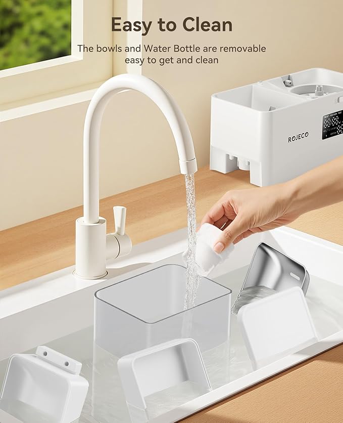 Rojeco 36Cups/8.5L Pet Automatic Cat Feeder and Gravity Water Dispenser,Stainless Steel Bowls 2-in-1 Set Large Capacity 5L Food Feeder and 3.5L Water Fountain for Cats,Pets,Small Dogs,Puppies,Kittens