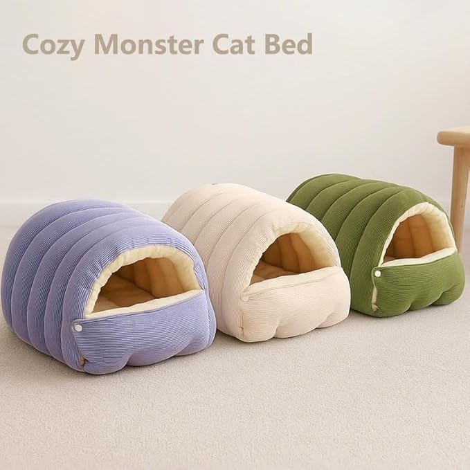 Cozy Monster Cat Bed, Soft and Warm Cats House Tent Bed, Pet Cave for Indoor Cats, Removable Cushioned Interior, Ideal for Cats, Kittens & Small Dogs (Beige, M)