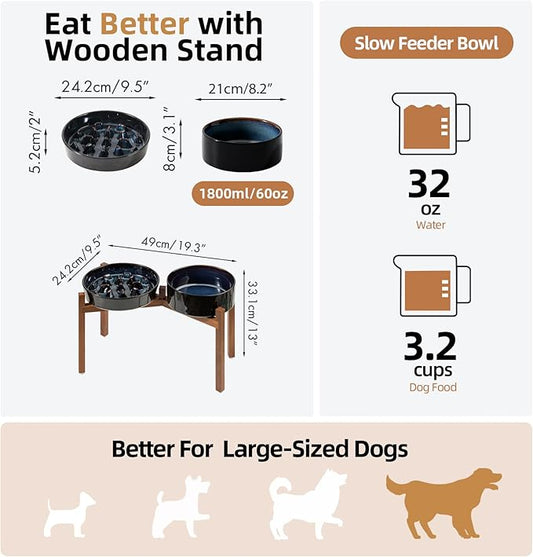 Ceramic 3.2 Cup Raised Slow Feeder Dog Bowl Set, Elevated 8.2inch Bowl and 9.5inch Slow Feeder Dish with Acacia Wood Stand for Large Dog (2 x Starry Sky+ Stand)