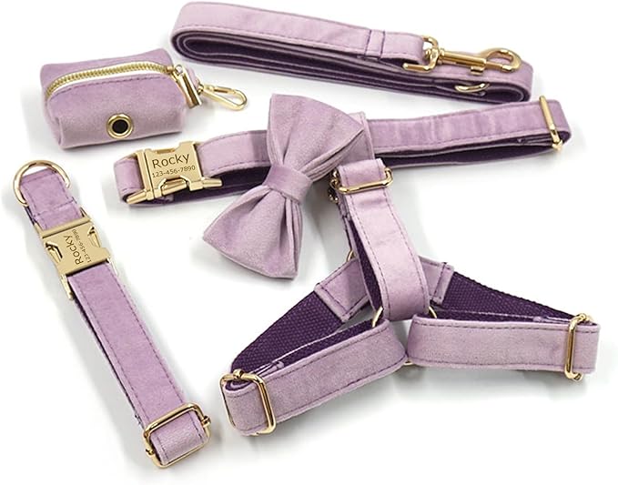 Personalized Velvet Dog Collars with Pet Name Phone Number Engraved, Custom Adjustable Soft Collar with Metal Buckle for Small Medium Large Dogs, Dog Leash and Bow Tie Available -Light Purple