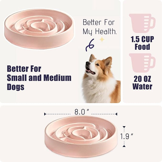 Ceramic Slow Feeder Dog Bowl,1.5 Cups Pet Slow Feeder for Small and Medium Breed,Puzzle Dog Food Dish,Anti-Gulping,Stop Bloat,Preventing Choking(Pink)