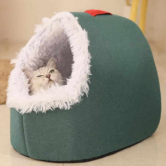 WinterWarmPet CaveBed, Warm Enclosed Pet Bed, Portable Cold-Proof Cozy Cat House Comfortable Anxiety-Relief Pillow Bed (Red, Medium)