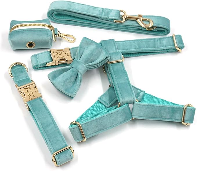Personalized Velvet Dog Collars with Pet Name Phone Number Engraved, Custom Adjustable Soft Collar with Metal Buckle for Small Medium Large Dogs, Dog Leash and Bow Tie Available -Lake Green
