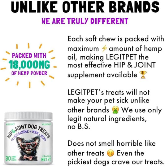 LEGITPET Hemp Hip & Joint Supplement for Dogs Soft Chews Made in USA Functional Glucosamine for Dogs Chondroitin MSM Turmeric Hemp Seed Oil Natural Pain Relief Mobility Advanced Joint 30 Treats