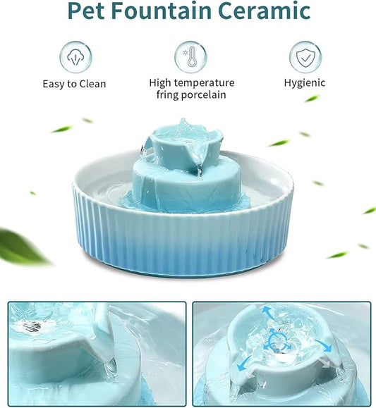 Ceramic Cat Water Fountain, Ceramic Pet Fountain, 2.1 L Drinking Fountains Bowl for Cats and Dogs with Replacement Filters and Foam(Sky Blue)