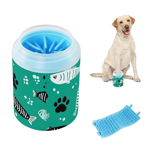 Dog Paw Cleaner Cups for Dogs Pet Foot Washer Paw Scrubber for Medium Small Dogs Cats Cleaning Cup Green Paw Prints and Fish