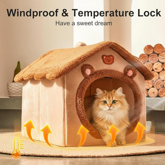 Cat Bed Cave, Cute Bear Shape Cat Beds for Indoor Cats, Pet House Cats Tent with Removable Cushion Pillow for Kittens Puppy Small Dogs (Brown-L, 20.4 * 16.9 * 19.6in)